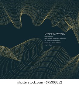 Vector illustration of a magic wave with shining particles of glitter on a dark background. Abstract concept for template design of websites in the beauty industry and entertainment