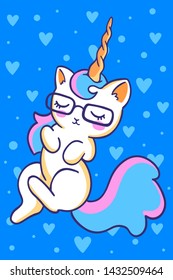 Vector illustration of magic white cat unicorn with glasses, golden horn and close eyes on blue background with hearts. Line art design to make cat unicorn party poster, invitation, greeting card