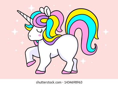 Vector illustration of magic white unicorn with rainbow mane, horn and close eyes on pink background with star. Line art design to make unicorn party poster, invitation, greeting card