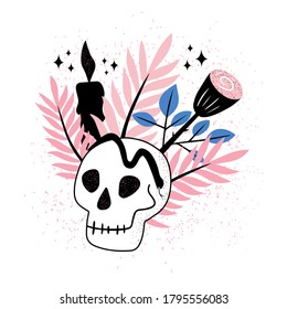 Ilustración vectorial elemento de diseño del cráneo de brujería mágica. Ilustración navideña para el Día de los Muertos o Halloween.