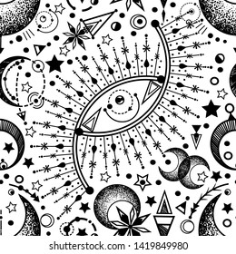 Vector illustration, magical astrology,  Alchemy, spirituality and occultism, print on t-shirt, Handmade, seamless pattern, light  background