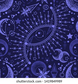 Vector illustration, magical astrology,  Alchemy, spirituality and occultism, print on t-shirt, Handmade, seamless pattern, blue   background