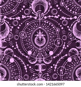 Vector illustration, magical astrology,  Alchemy, spirituality and occultism, Handmade, print on t-shirt, tattoo, seamless pattern, purple background