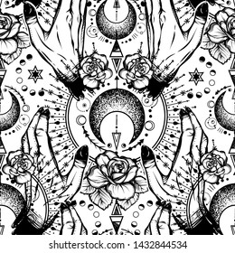 Vector illustration, magical astrology,  Alchemy, spirituality and occultism,magic symbol in hands, Handmade, print on t-shirt, light  background, seamless pattern