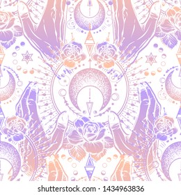 Vector illustration, magical astrology,  Alchemy, spirituality and occultism,magic symbol in hands, Handmade, print on t-shirt, seamless pattern, light  background