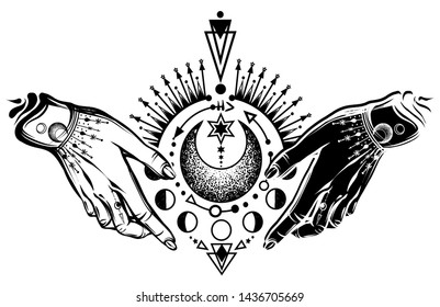 Vector illustration, magical astrology,  Alchemy, spirituality and occultism,magic symbol in hands, print on t-shirt, Handmade, tattoo