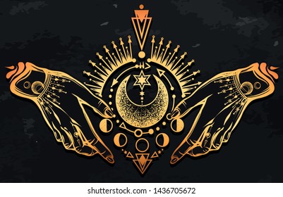 Vector illustration, magical astrology,  Alchemy, spirituality and occultism, magic symbol in hands, print on t-shirt, Handmade, chalkboard background