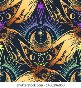 Vector illustration, magical astrology, Alchemy, spirituality and occultism, magic symbol in hands, print on t-shirt, Handmade, seamless pattern, dark blue background, gold color