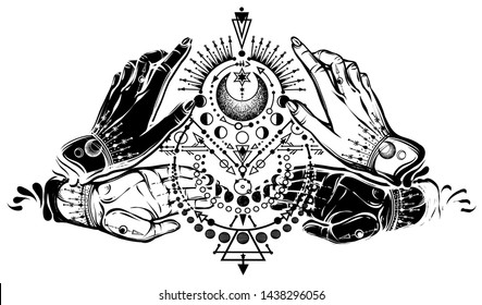 Vector illustration, magical astrology, Alchemy, spirituality and occultism, magic symbol in hands, print on t-shirt, tattoo, Handmade