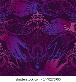Vector illustration, magical astrology, Alchemy, spirituality and occultism, magic symbol in hands, print on t-shirt, tattoo, Handmade, seamless pattern, purple background