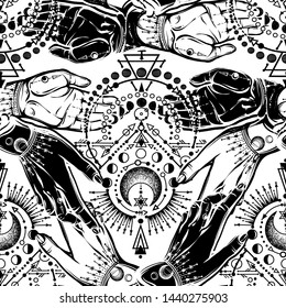 Vector illustration, magical astrology, Alchemy, spirituality and occultism, magic symbol in hands, print on t-shirt, tattoo, Handmade, seamless pattern, light  background