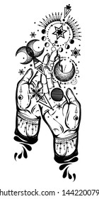 Vector illustration, magical astrology, Alchemy, spirituality and occultism, magic symbol in hands, Handmade, print on t-shirt, tattoo