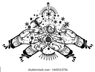 Vector illustration, magical astrology, Alchemy, spirituality and occultism, magic symbol in hands, tattoo, Handmade, print on t-shirt