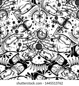 Vector illustration, magical astrology, Alchemy, spirituality and occultism, magic symbol in hands, light background, seamless pattern, Handmade, print on t-shirt