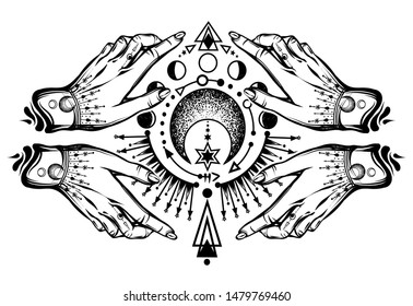 Vector illustration, magical astrology,  Alchemy, spirituality and occultism,magic symbol in hands, Handmade, print on t-shirt, tattoo