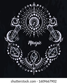 Vector illustration, magical astrology and crystals, Alchemy, spirituality and occultism, magic symbol, print on t-shirt, background  chalkboard, Handmade