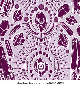 Vector illustration, magical astrology and crystals, Alchemy, spirituality and occultism, purple background, seamless pattern, Handmade, magic symbol