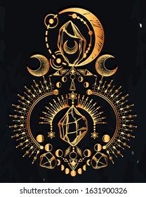 Vector illustration, magical astrology and crystals, Alchemy, spirituality and occultism, magic symbol, Handmade, print, background  chalkboard