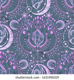 Vector illustration, magical astrology and crystals, Alchemy, spirituality and occultism, magic symbol, Handmade, print, dark  background, seamless pattern