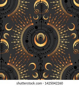 Vector illustration, magical astrology, spirituality and occultism,  Alchemy, Handmade, print on t-shirt, grey background, seamless pattern