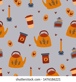 vector illustration. magical autumn pattern, cozy things for a cold autumn: teapot, strawberry jam, candle, cup, biscuit