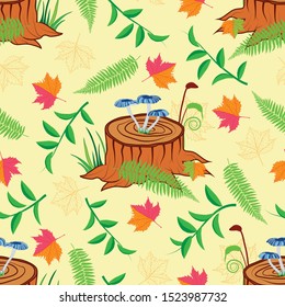 vector illustration. Magical blue mushroom on stump, moss, fern and autumn leaves on pastel yellow background. best for textiles, decor, apparels and packaging.