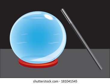 Vector illustration of magical crystal ball and magic wand with black background.