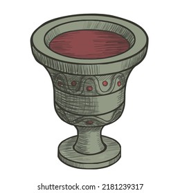 Vector illustration of a magical cup with red liquid, blood for dark magic rituals, witchery craft art for halloween decoration, fairy tale books, decorative ilustration.