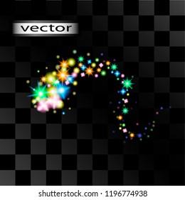 Vector illustration of a magical fairy, a brilliant wave of light from the stars to the side isolated on a black transparent background