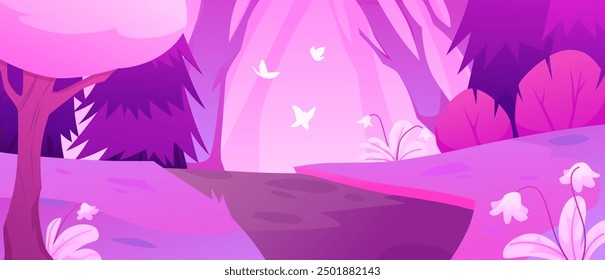 Vector illustration of a magical forest in pink tones with trees, road, flowers and fluttering white butterflies. Daytime scene suitable for game interface. Flat style.