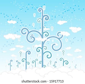 Vector illustration of magical funky curly trees growing on a dreamy cloudscape. Detailed clouds and stars in the sky.