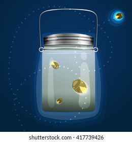 Vector illustration of magical glass jar with fireflies bugs. This is used in the design for registration cards, pages, wall, wallpaper, textiles ...
