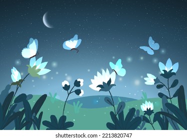 Vector illustration with magical glowing butterflies flying in the garden at night. Amazing flower with lights of butterfly at night sky. Inspiration card. Hand drawn style. Trendy vector illustration