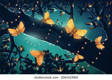 Vector illustration with magical glowing night butterflies in the forest. Festive decorations, holiday lights.