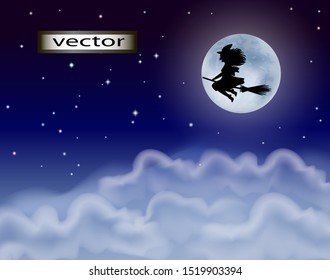 Vector illustration of a magical Halloween background, a witch flying above the clouds under a full moon in a starry sky