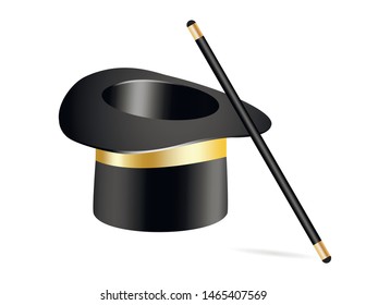 Vector illustration of magical hat and wand. Isolated on transparent background. Vector Illustration eps 10.