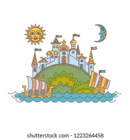 vector illustration of a magical island with boats and a city