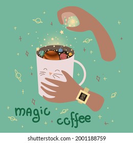 Ilustración vectorial - taza grande mágica de café con dulces y especias mágicas añadidas por las manos de la muchacha en un fondo azul. Para ilustraciones de libros, anuncios, fondos de escritorio, pegatinas, decoraciones