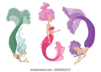 Vector illustration of magical mermaids. Cartoon scene of beautiful mermaid characters with different poses and emotions, green, purple and pink tails, lush hair, bra isolated on white background.
