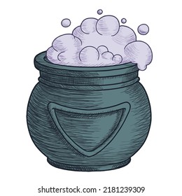 Vector illustration of a magical metal cauldron with bubbles, dark magic ritual of poison prepairing, witchery craft art for halloween decoration, fairy tale books, decorative ilustration.