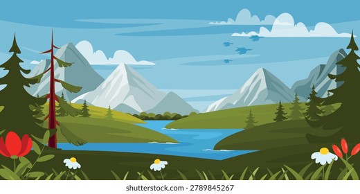 Vector illustration of a magical mountain landscape.Cartoon scene of mountains, meadows, river, fir trees, pine, bushes, flowers, rose hips, leaves,blades of grass,a key of migratory birds in the sky.