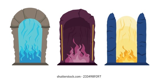 Vector illustration of magical portals in cartoon style, blue, burgundy and yellow portal to other dimensions isolated on white background. Dark and light magic.