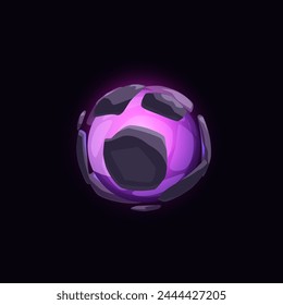 Vector illustration of a magical purple energy ball. The design element is a sphere with holes, ideal for game design. Mystical ball on isolated black background.