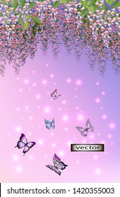 vector illustration of the magical scent of flowers in the morning background with hanging garlands of pink flowers in the fresh background of butterflies