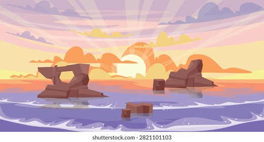 Vector illustration of a magical seascape of sunset or sunrise. Cartoon scene with a cliff, rocky natural arch, stones, sea waves, sky of pink, purple, orange pastel shades, sun rays, fluffy clouds.