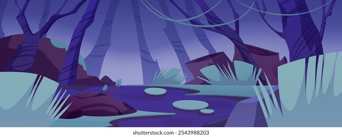 Ilustración vectorial de un pantano mágico con vegetación brillante, árboles y vides en el fondo de una noche mística para paisajes de juego con una atmósfera de misterio