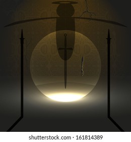 Vector illustration of magical sword in ancient chamber 
