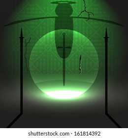 Vector illustration of magical sword in ancient chamber 