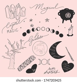 Vector Illustration - Magical Tools, Moon Magic, Crystal And Witchy Icons Isolated