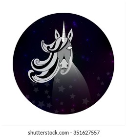 Vector illustration of a magical unicorn against the starry sky.